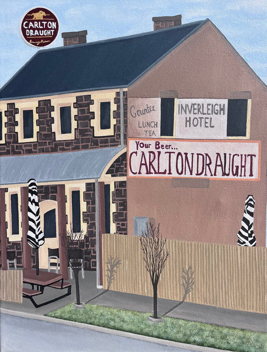 Illustration of a pub with 'Carlton Draught' branding on signs.